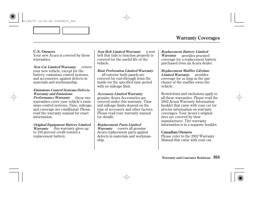 Warranty coverages | Acura 2002 MDX - Owner's Manual User Manual | Page 359 / 372