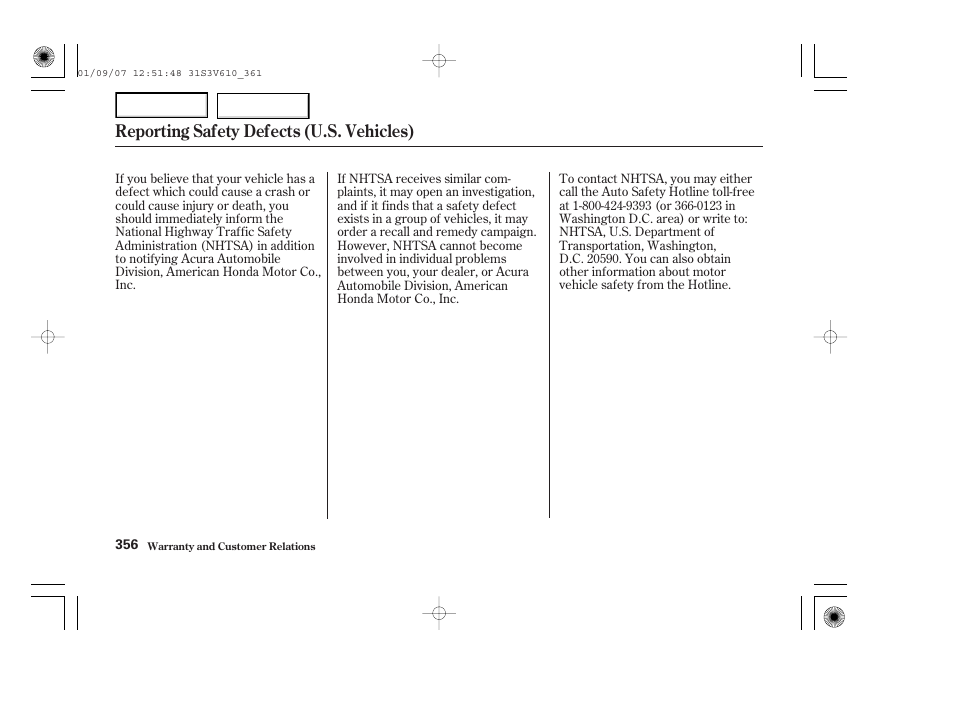 Reporting safety defects (u.s. vehicles) | Acura 2002 MDX - Owner's Manual User Manual | Page 360 / 372