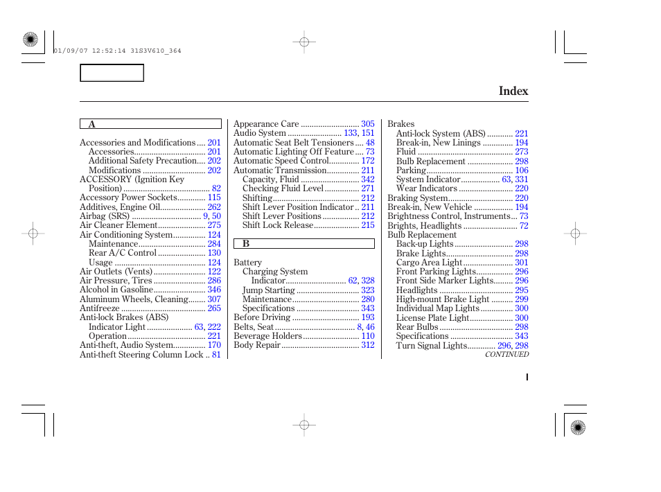 Index | Acura 2002 MDX - Owner's Manual User Manual | Page 363 / 372