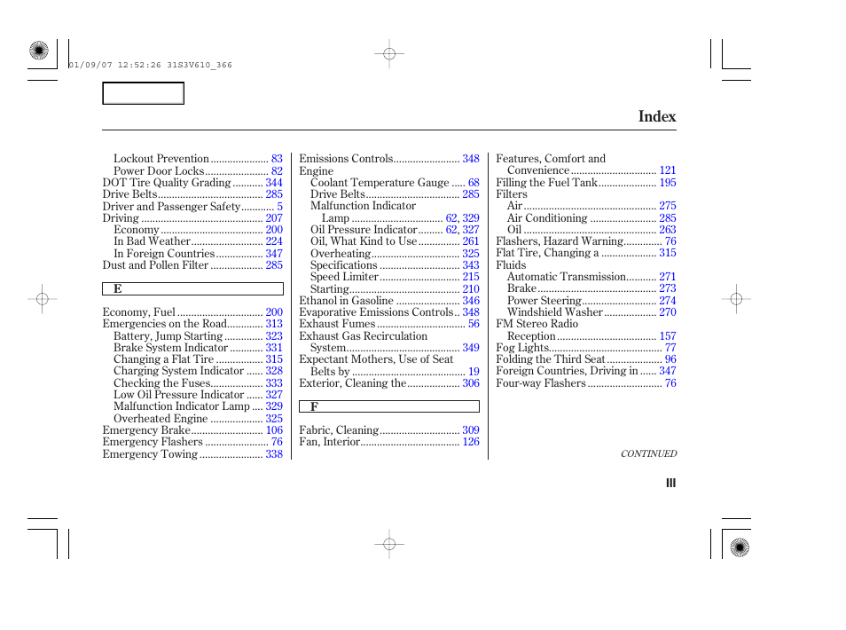 Index | Acura 2002 MDX - Owner's Manual User Manual | Page 365 / 372