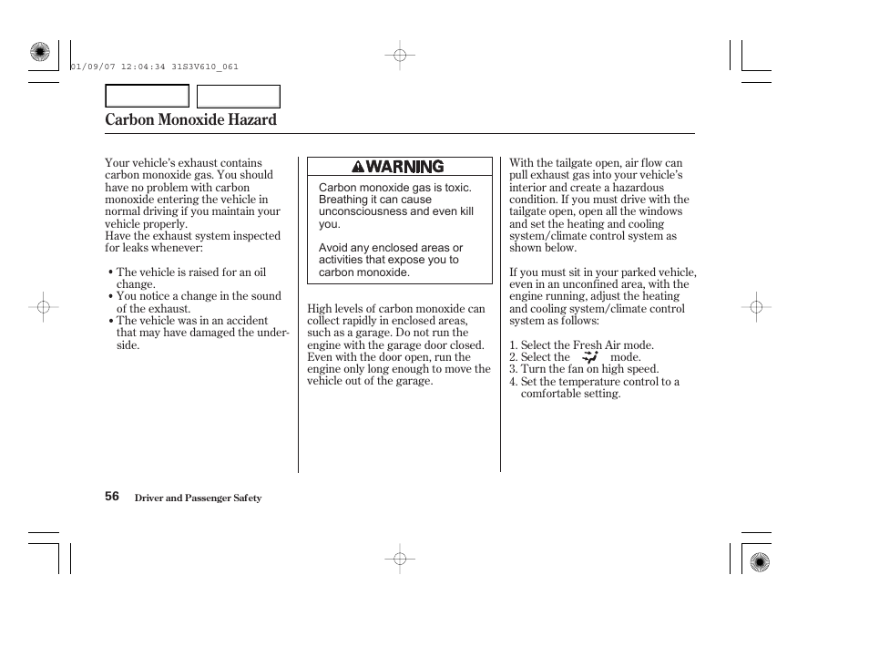 Carbon monoxide hazard | Acura 2002 MDX - Owner's Manual User Manual | Page 60 / 372