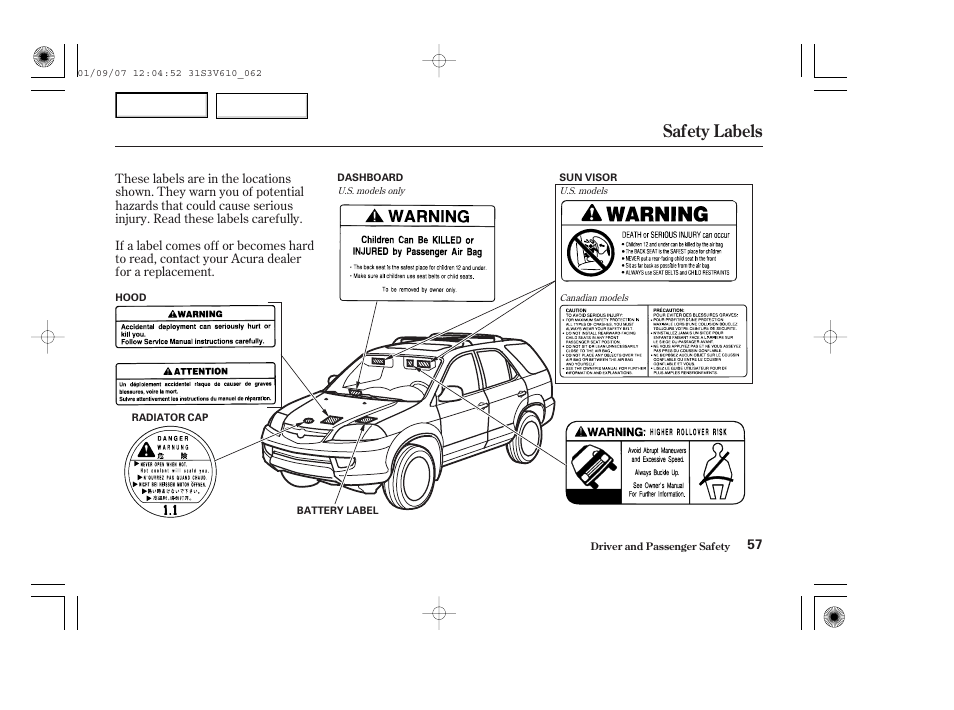 Safety labels | Acura 2002 MDX - Owner's Manual User Manual | Page 61 / 372