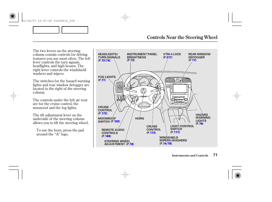 Controls near the steering wheel | Acura 2002 MDX - Owner's Manual User Manual | Page 75 / 372