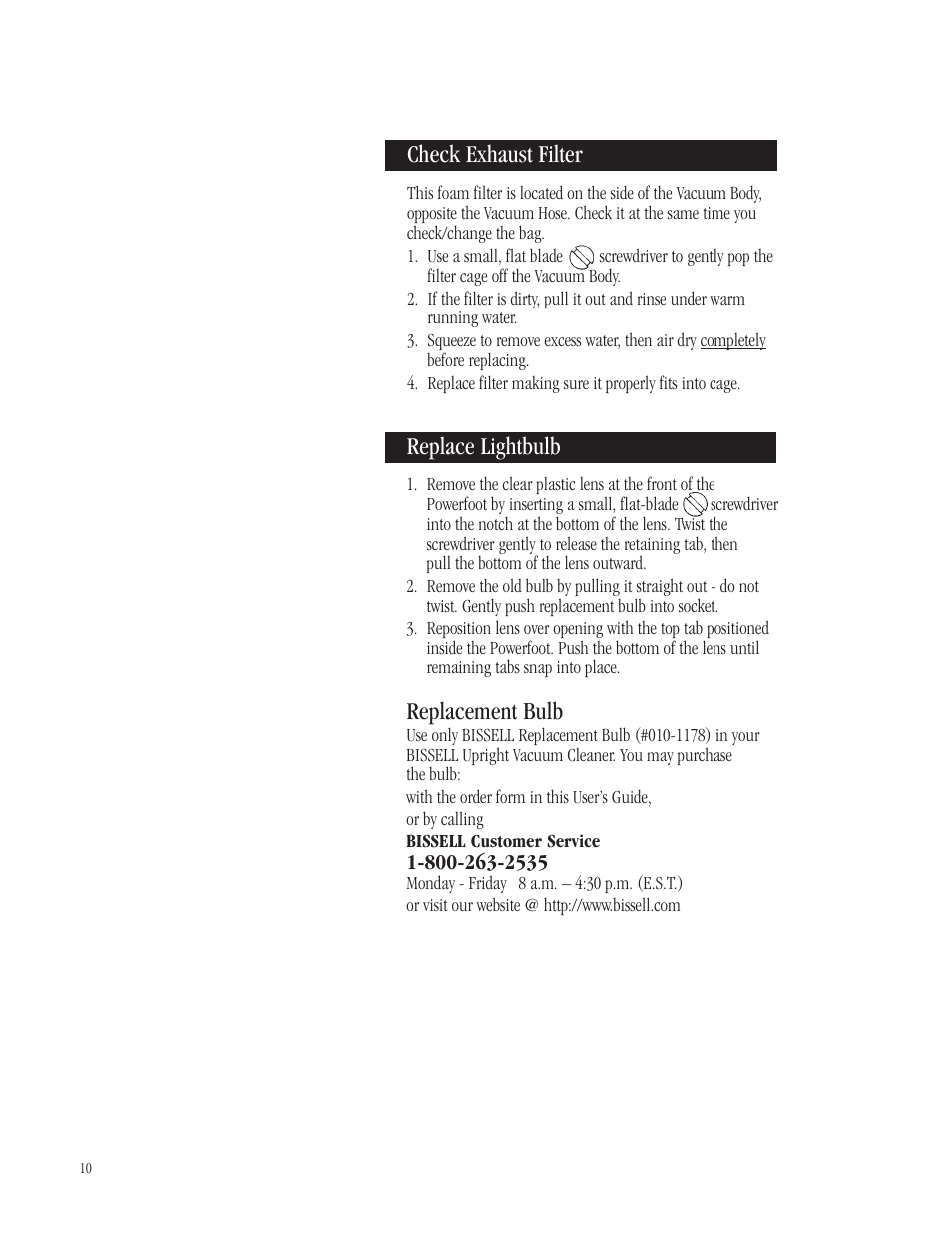 Check exhaust filter, Replacement bulb, Replace lightbulb | Bissell 3540B User Manual | Page 10 / 13