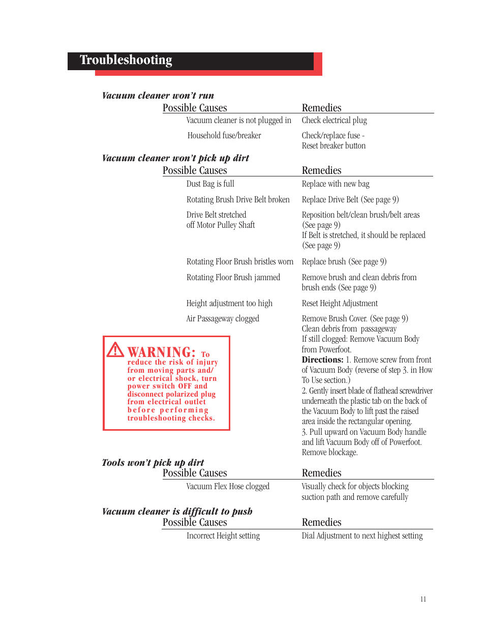 Warning, Troubleshooting | Bissell 3540B User Manual | Page 11 / 13