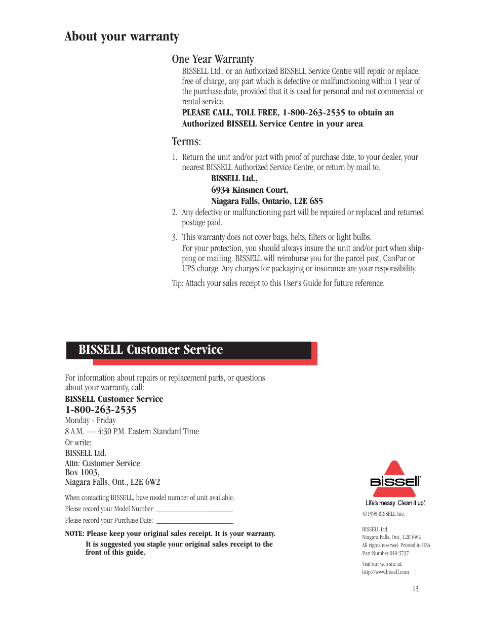 About your warranty bissell customer service, One year warranty, Terms | Bissell 3540B User Manual | Page 13 / 13