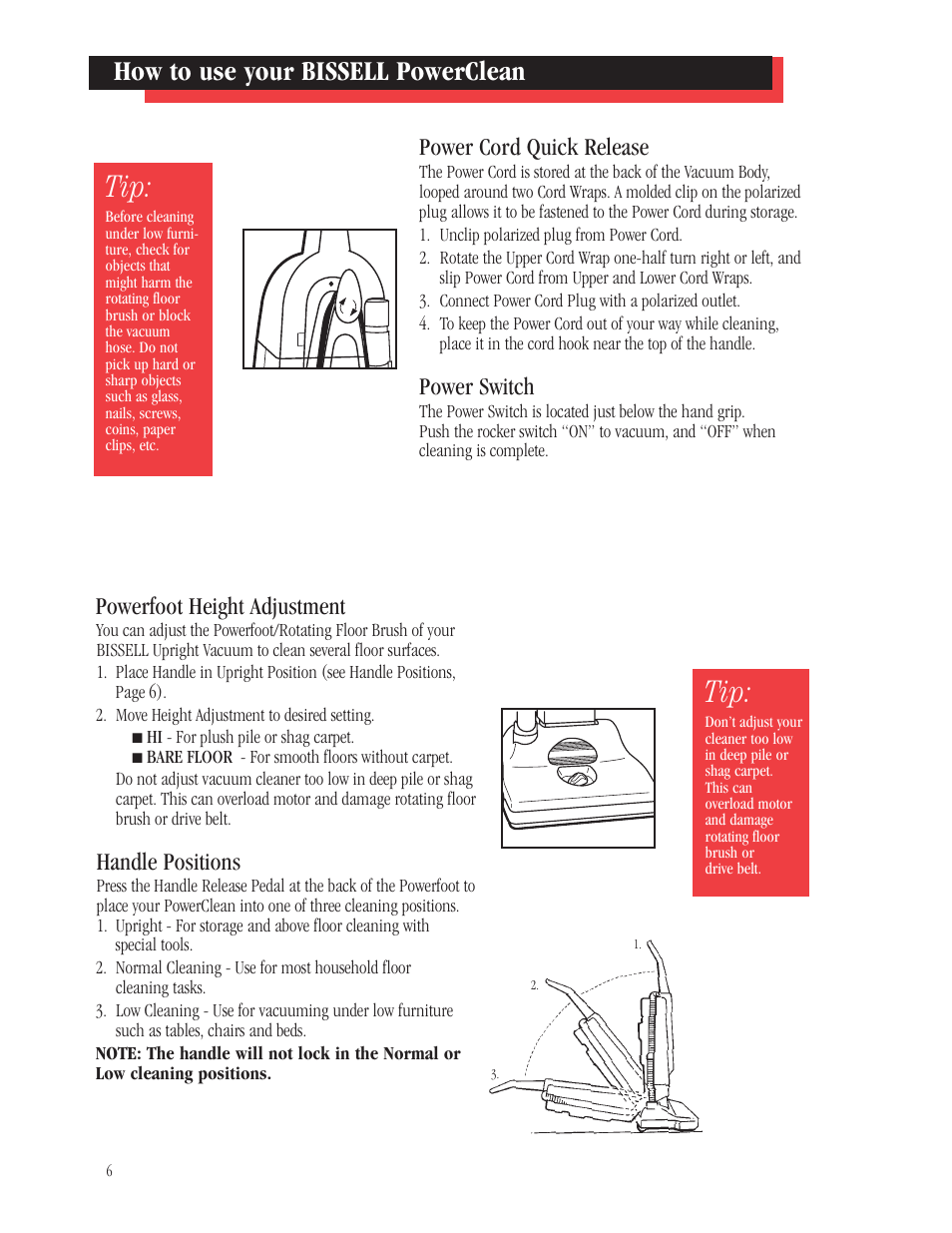 How to use your bissell powerclean, Power cord quick release, Power switch | Powerfoot height adjustment, Handle positions | Bissell 3540B User Manual | Page 6 / 13