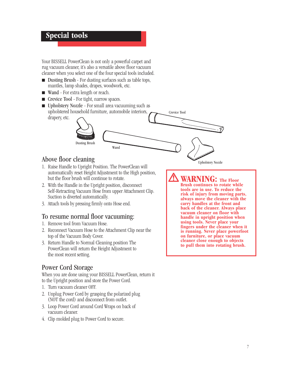 Warning, Special tools, Above floor cleaning | Power cord storage | Bissell 3540B User Manual | Page 7 / 13