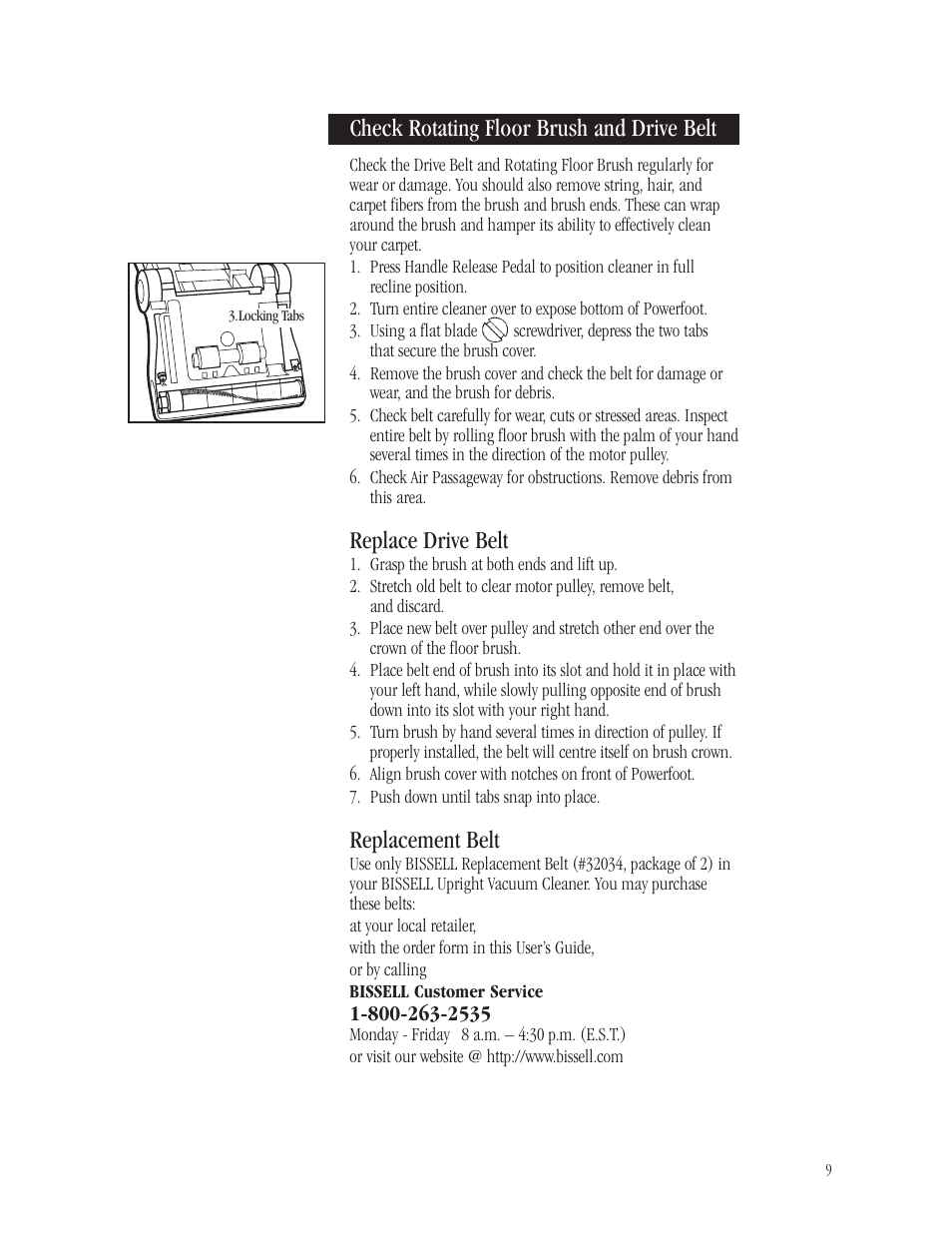 Replace drive belt, Replacement belt, Check rotating floor brush and drive belt | Bissell 3540B User Manual | Page 9 / 13