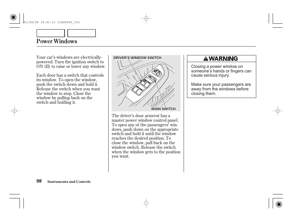 Power windows | Acura 2002 RL - Owner's Manual User Manual | Page 101 / 343