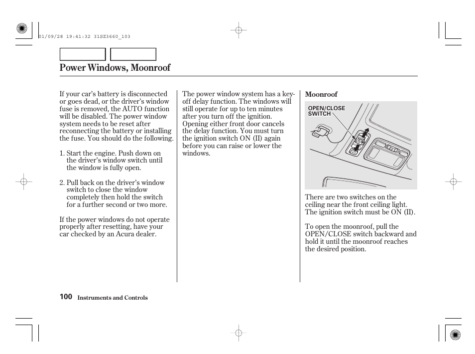 Power windows, moonroof | Acura 2002 RL - Owner's Manual User Manual | Page 103 / 343