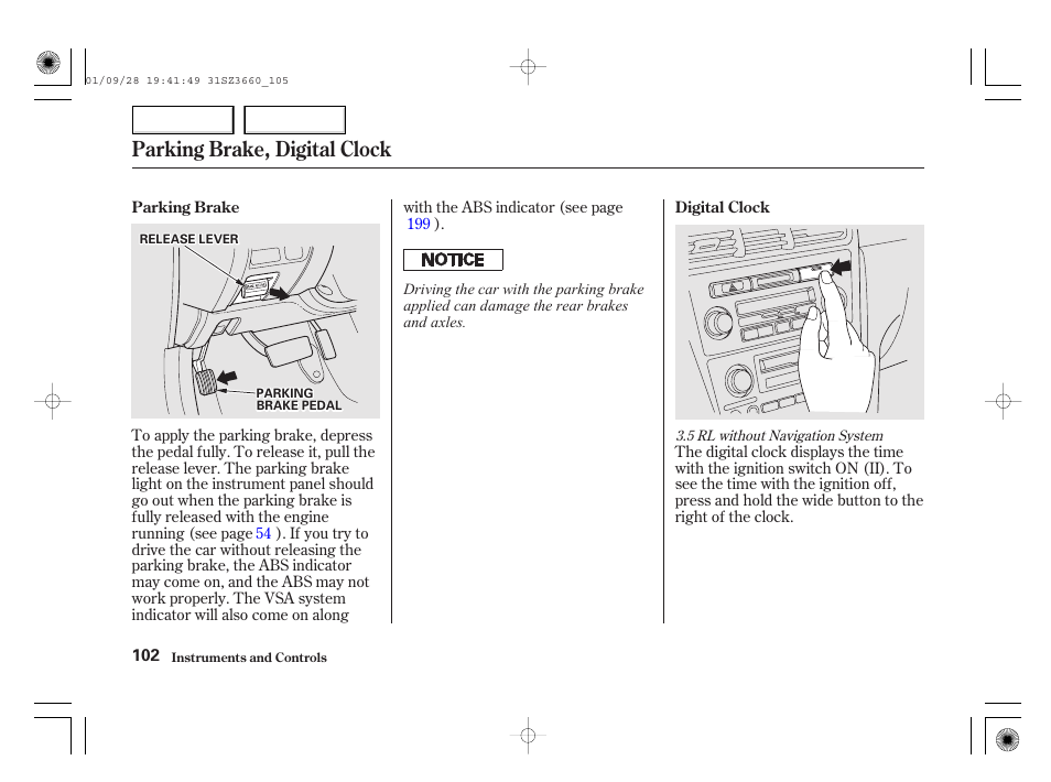 Parking brake, digital clock | Acura 2002 RL - Owner's Manual User Manual | Page 105 / 343