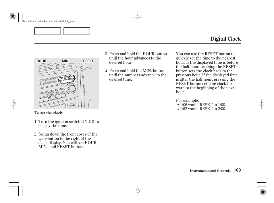 Digital clock | Acura 2002 RL - Owner's Manual User Manual | Page 106 / 343