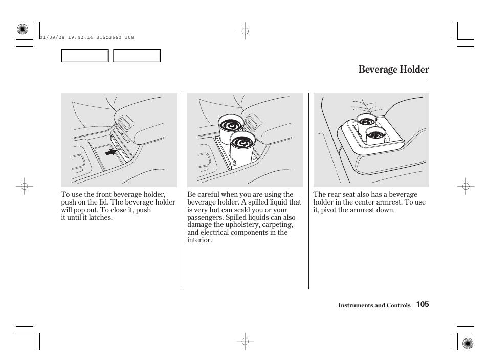 Beverage holder | Acura 2002 RL - Owner's Manual User Manual | Page 108 / 343