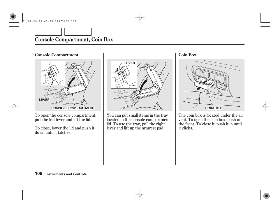 Console compartment, coin box | Acura 2002 RL - Owner's Manual User Manual | Page 109 / 343