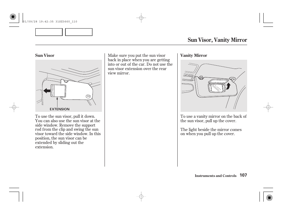 Sun visor, vanity mirror | Acura 2002 RL - Owner's Manual User Manual | Page 110 / 343