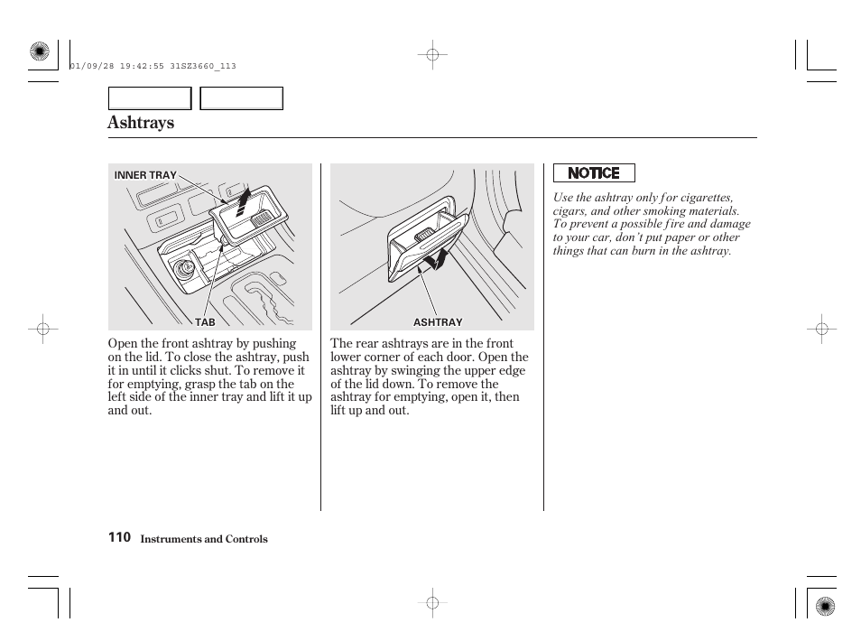 Ashtrays | Acura 2002 RL - Owner's Manual User Manual | Page 113 / 343