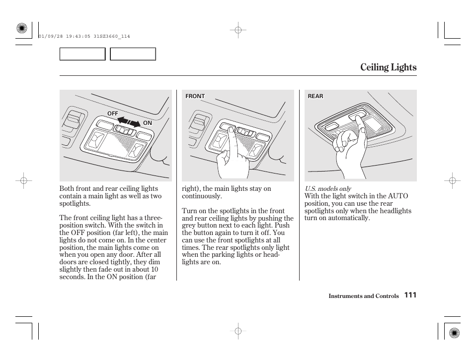 Ceiling lights | Acura 2002 RL - Owner's Manual User Manual | Page 114 / 343