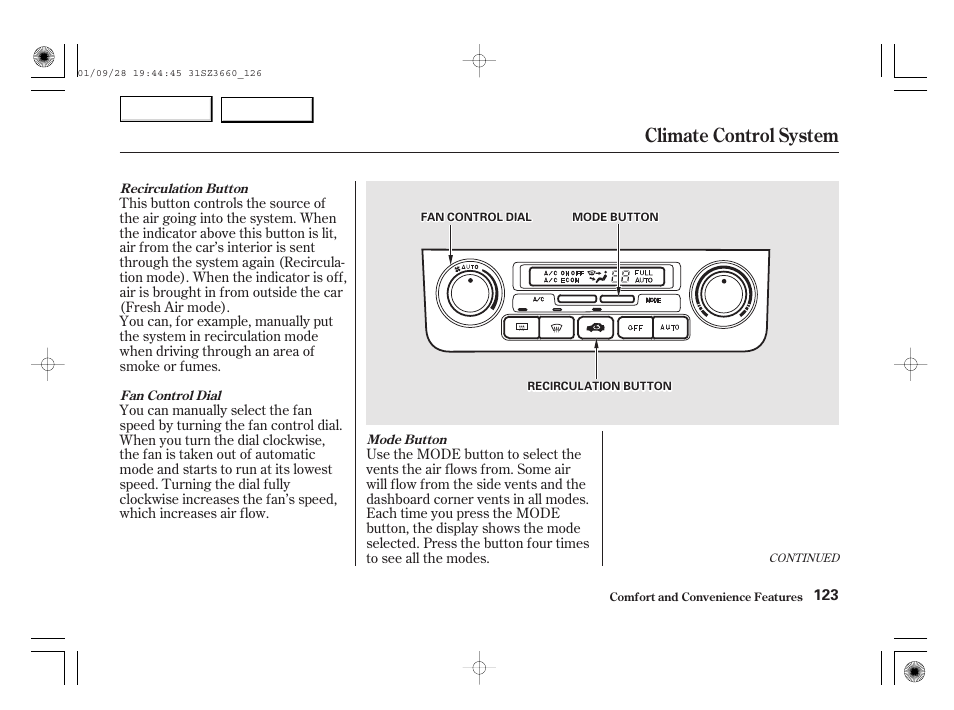 Climate control system | Acura 2002 RL - Owner's Manual User Manual | Page 126 / 343