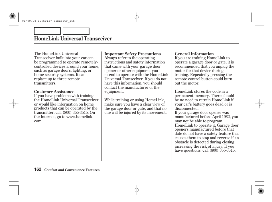 Homelink universal transceiver | Acura 2002 RL - Owner's Manual User Manual | Page 165 / 343