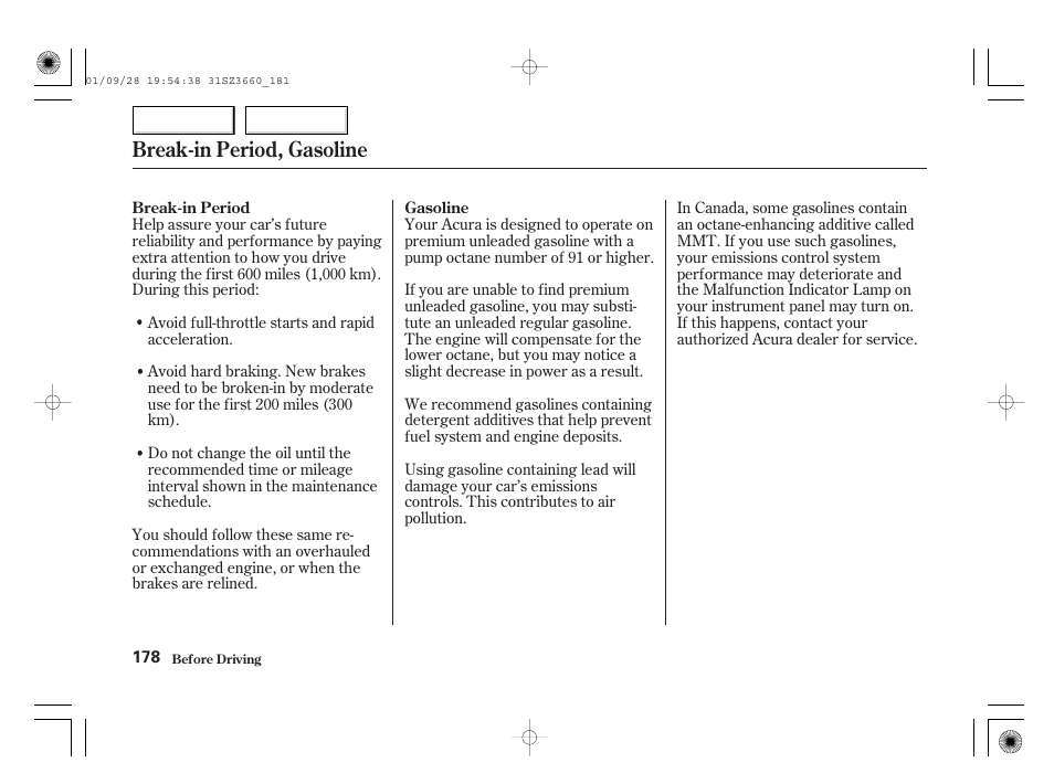 Break-in period, gasoline | Acura 2002 RL - Owner's Manual User Manual | Page 181 / 343