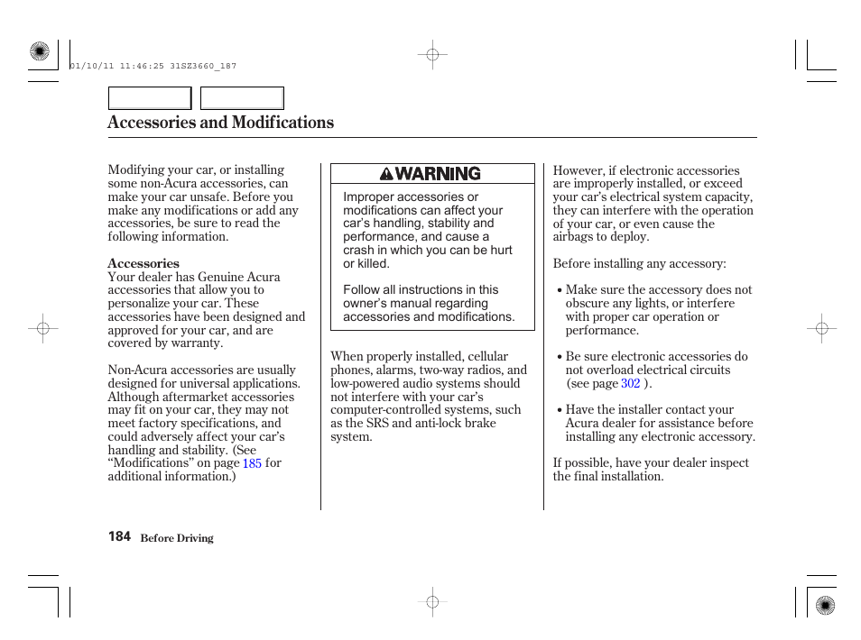 Accessories and modifications | Acura 2002 RL - Owner's Manual User Manual | Page 187 / 343