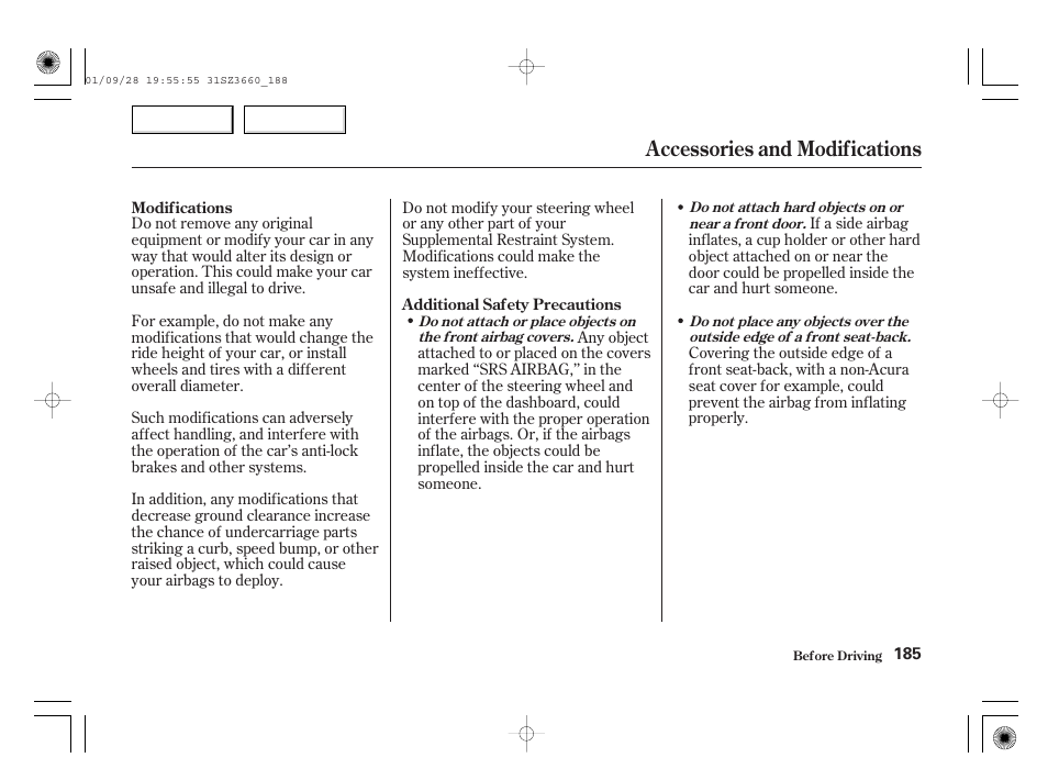 Accessories and modifications | Acura 2002 RL - Owner's Manual User Manual | Page 188 / 343