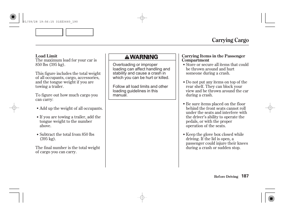 Carrying cargo | Acura 2002 RL - Owner's Manual User Manual | Page 190 / 343