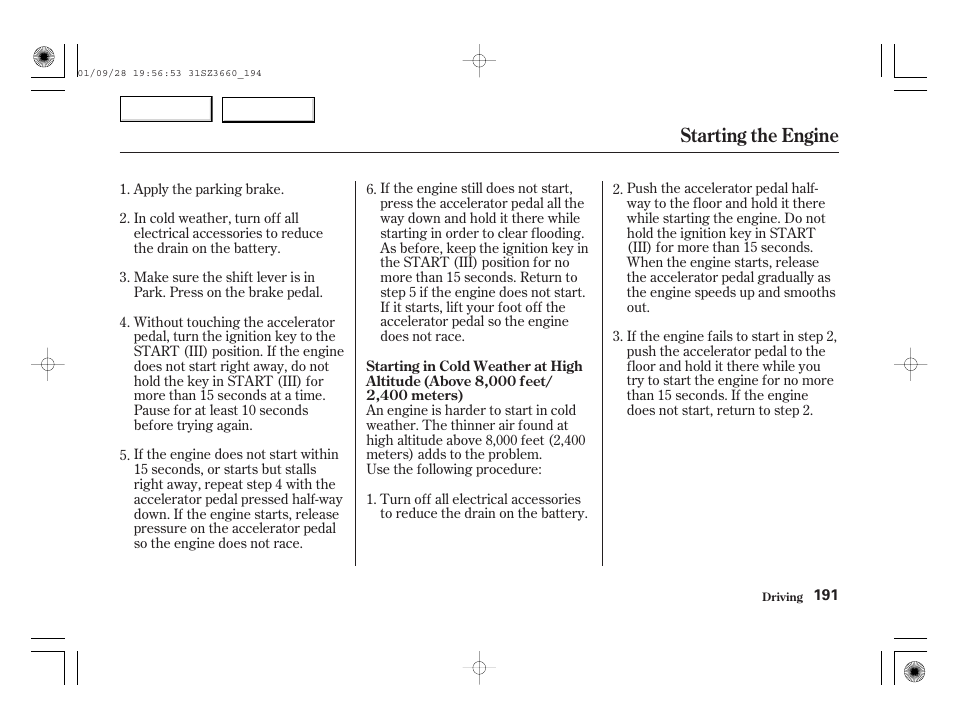 Starting the engine | Acura 2002 RL - Owner's Manual User Manual | Page 194 / 343