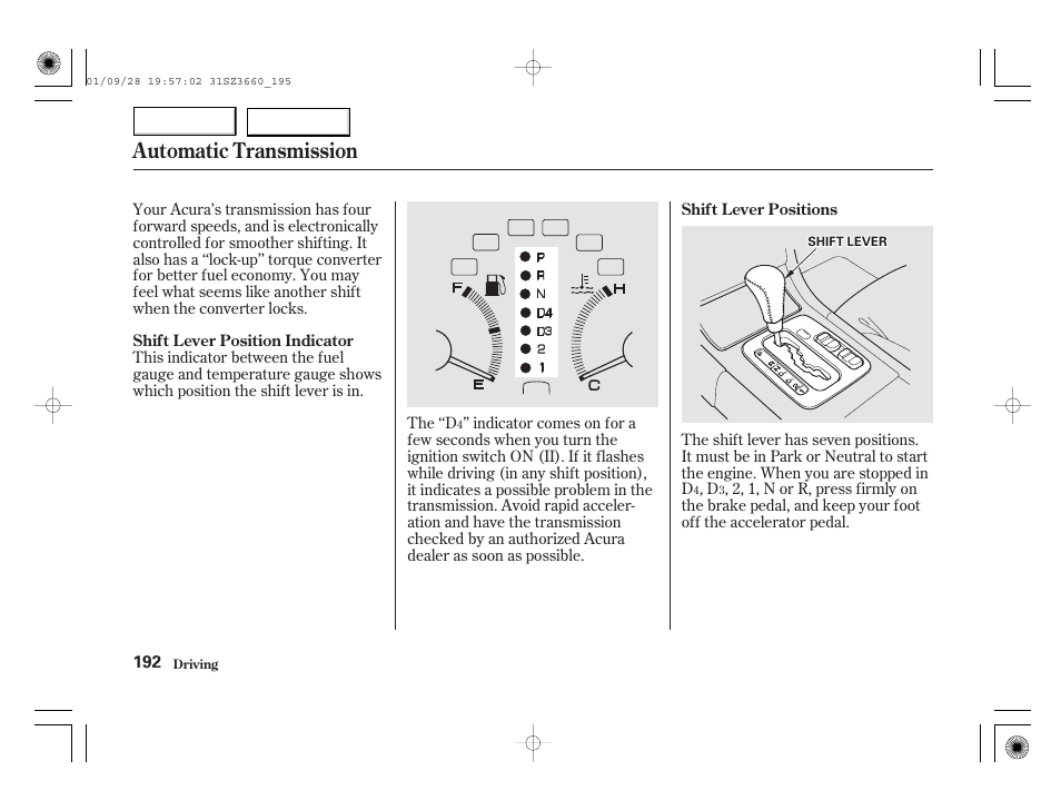 Automatic transmission | Acura 2002 RL - Owner's Manual User Manual | Page 195 / 343