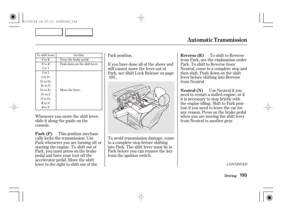 Automatic transmission | Acura 2002 RL - Owner's Manual User Manual | Page 196 / 343