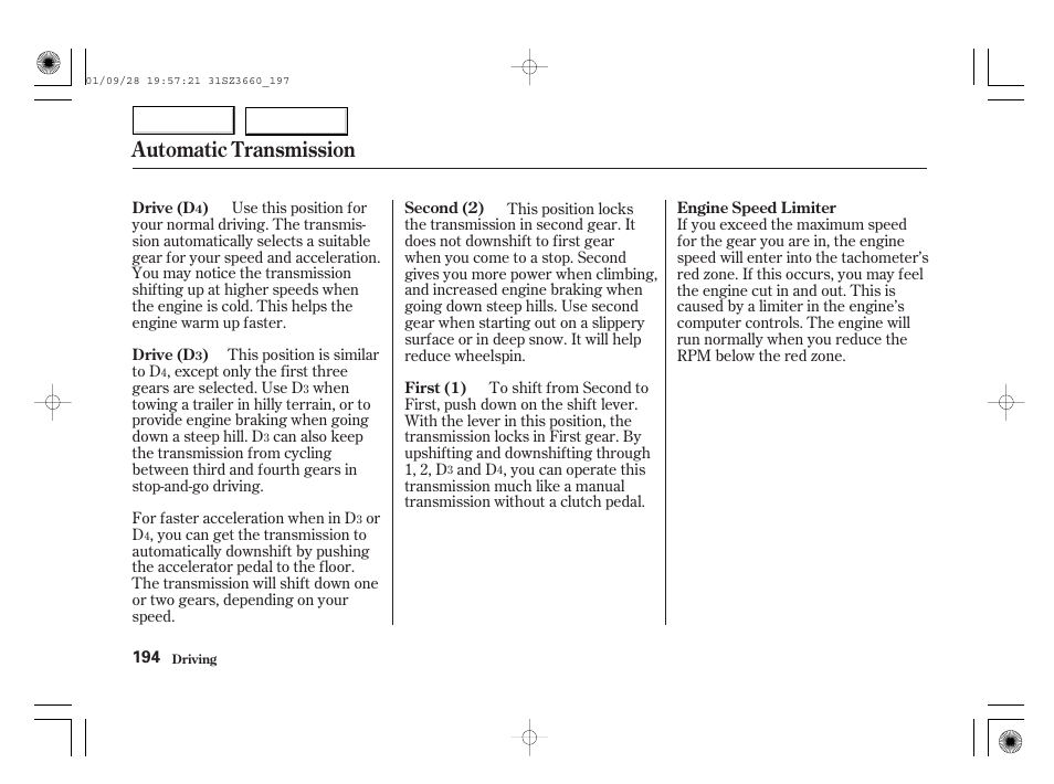 Automatic transmission | Acura 2002 RL - Owner's Manual User Manual | Page 197 / 343