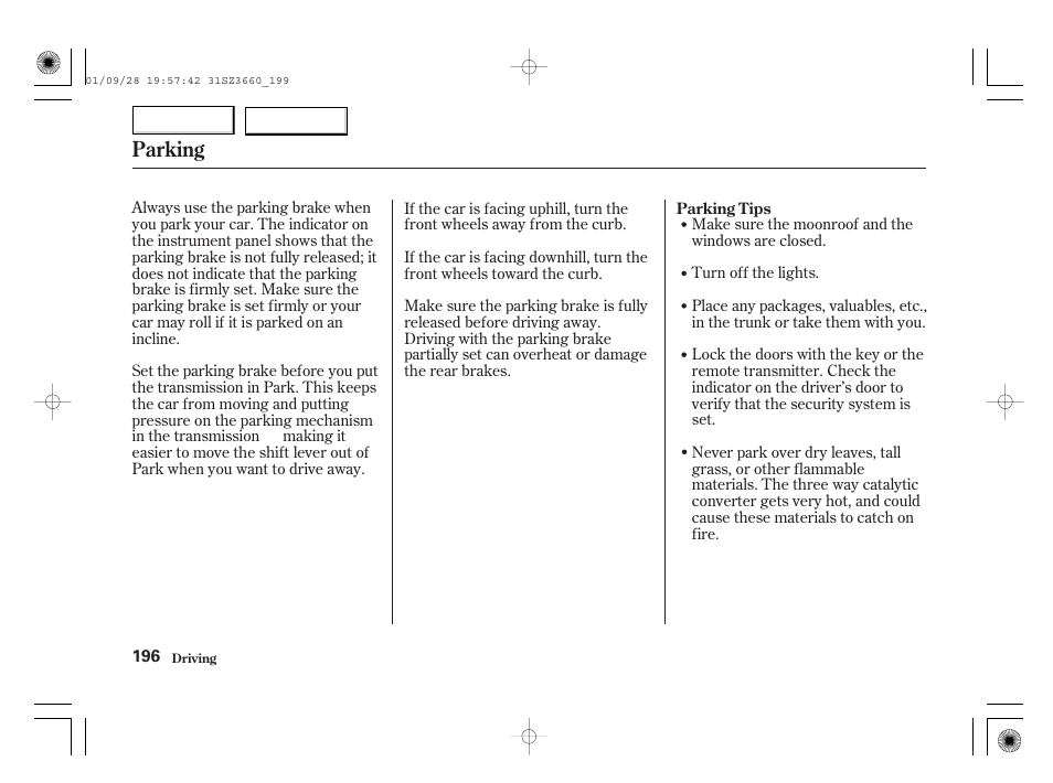 Parking | Acura 2002 RL - Owner's Manual User Manual | Page 199 / 343