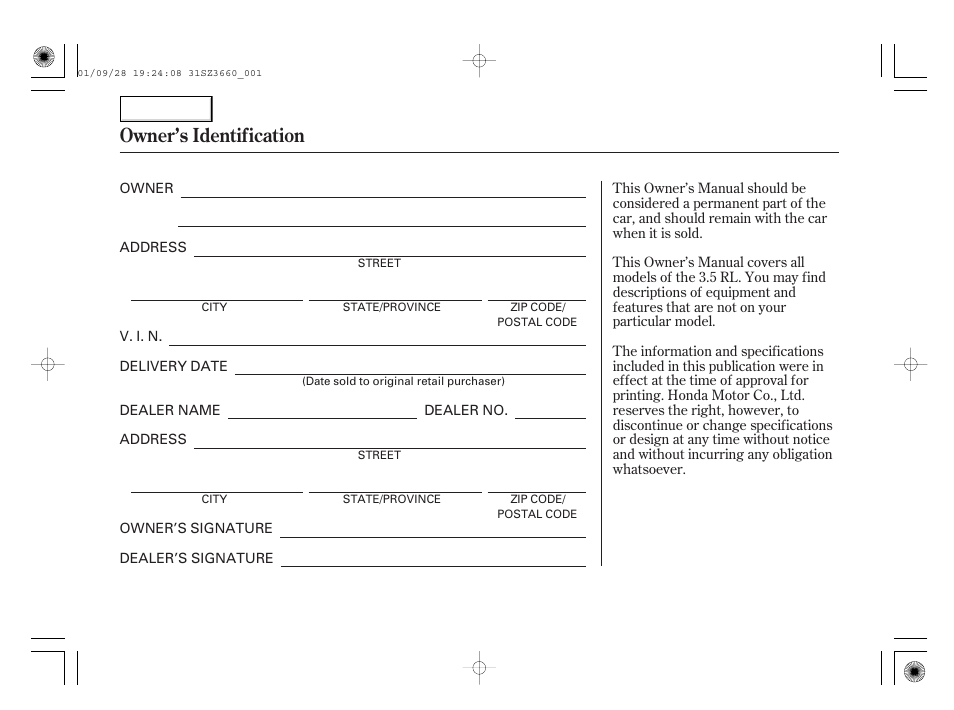 Owner's identification form, Owner’s identification | Acura 2002 RL - Owner's Manual User Manual | Page 2 / 343