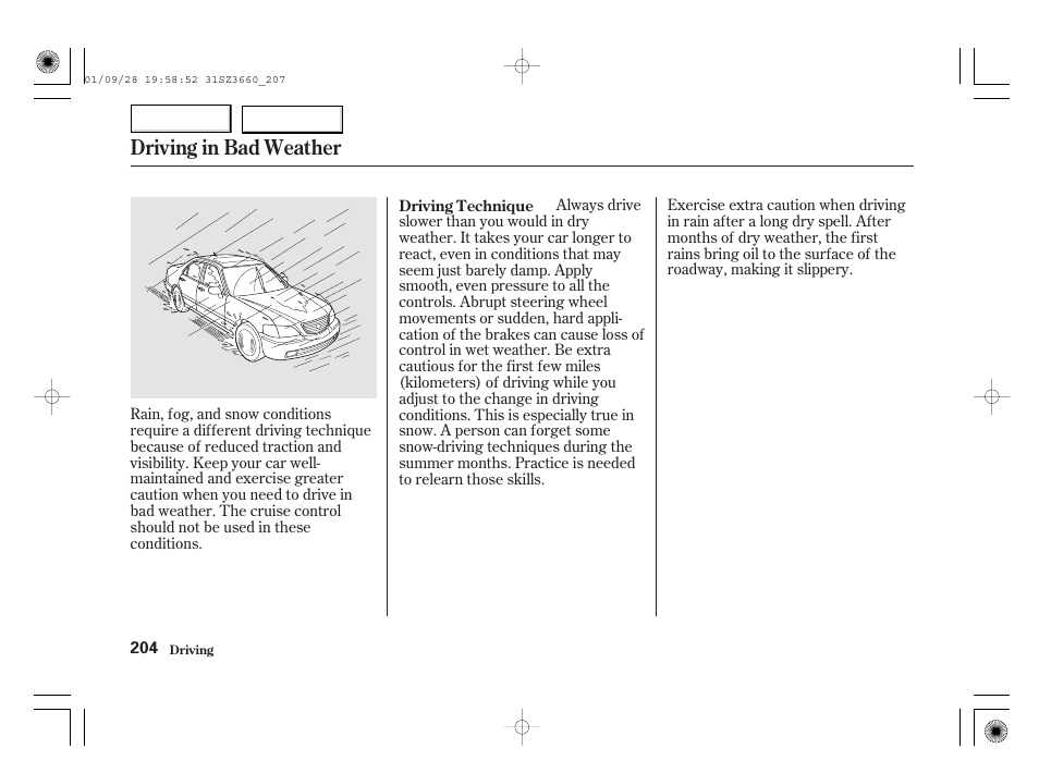 Driving in bad weather | Acura 2002 RL - Owner's Manual User Manual | Page 207 / 343
