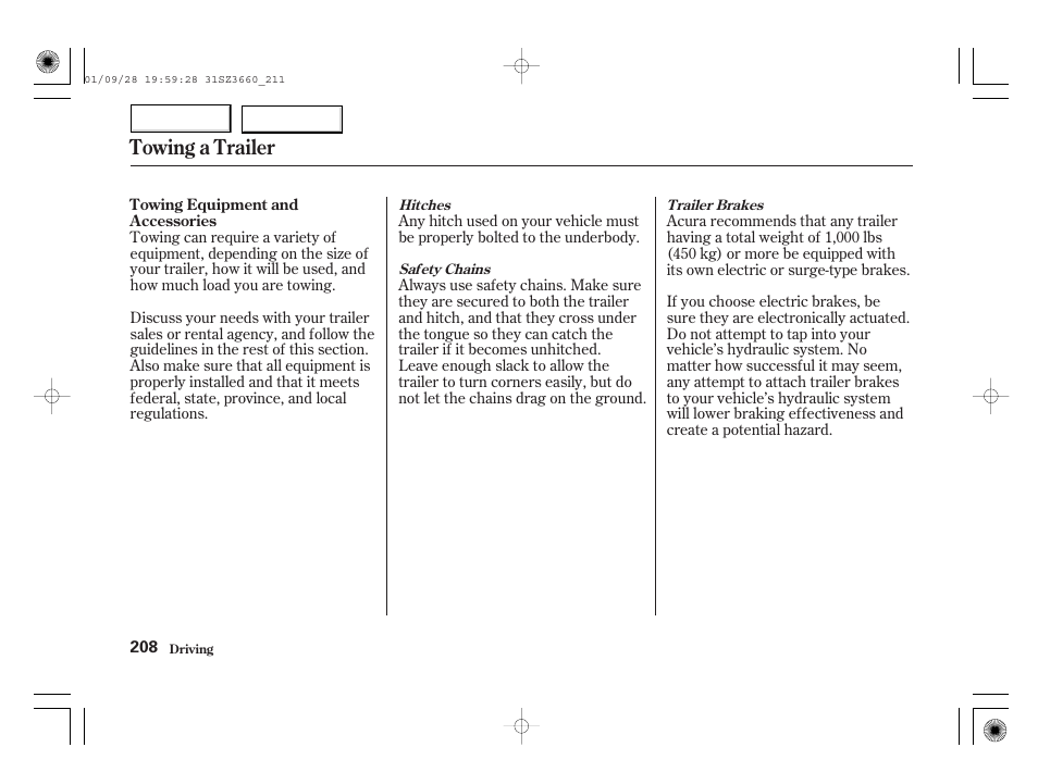 Towing a trailer | Acura 2002 RL - Owner's Manual User Manual | Page 211 / 343