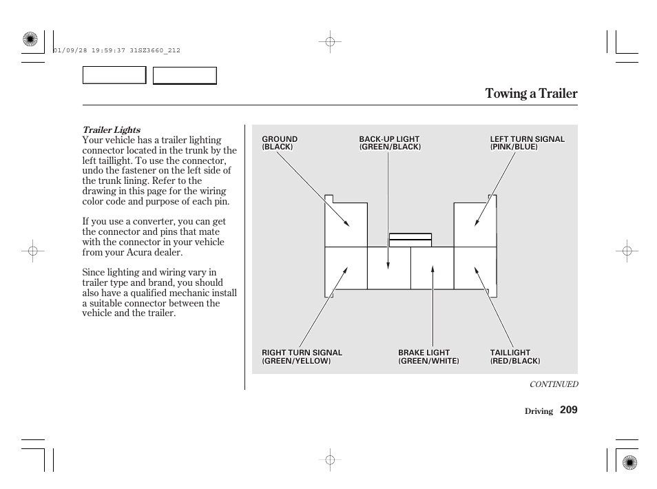 Towing a trailer | Acura 2002 RL - Owner's Manual User Manual | Page 212 / 343