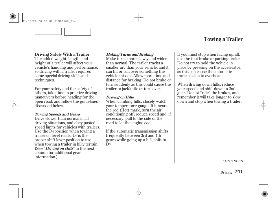 Towing a trailer | Acura 2002 RL - Owner's Manual User Manual | Page 214 / 343