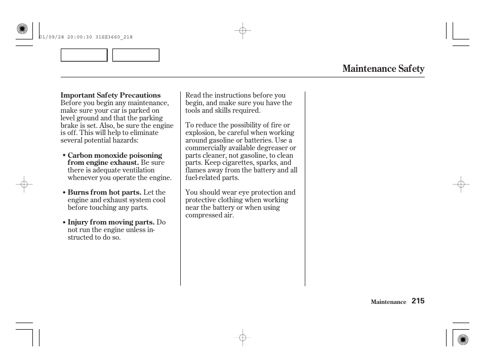 Maintenance safety | Acura 2002 RL - Owner's Manual User Manual | Page 218 / 343