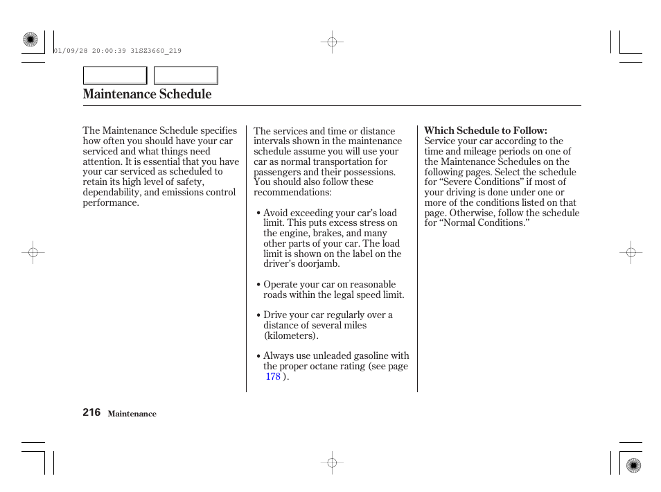 Maintenance schedule | Acura 2002 RL - Owner's Manual User Manual | Page 219 / 343