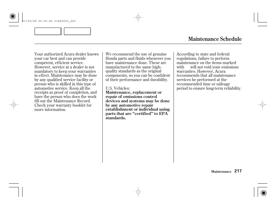 Maintenance schedule | Acura 2002 RL - Owner's Manual User Manual | Page 220 / 343