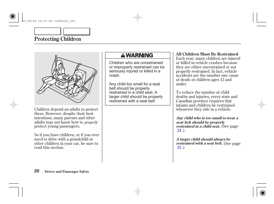 Protecting children | Acura 2002 RL - Owner's Manual User Manual | Page 23 / 343