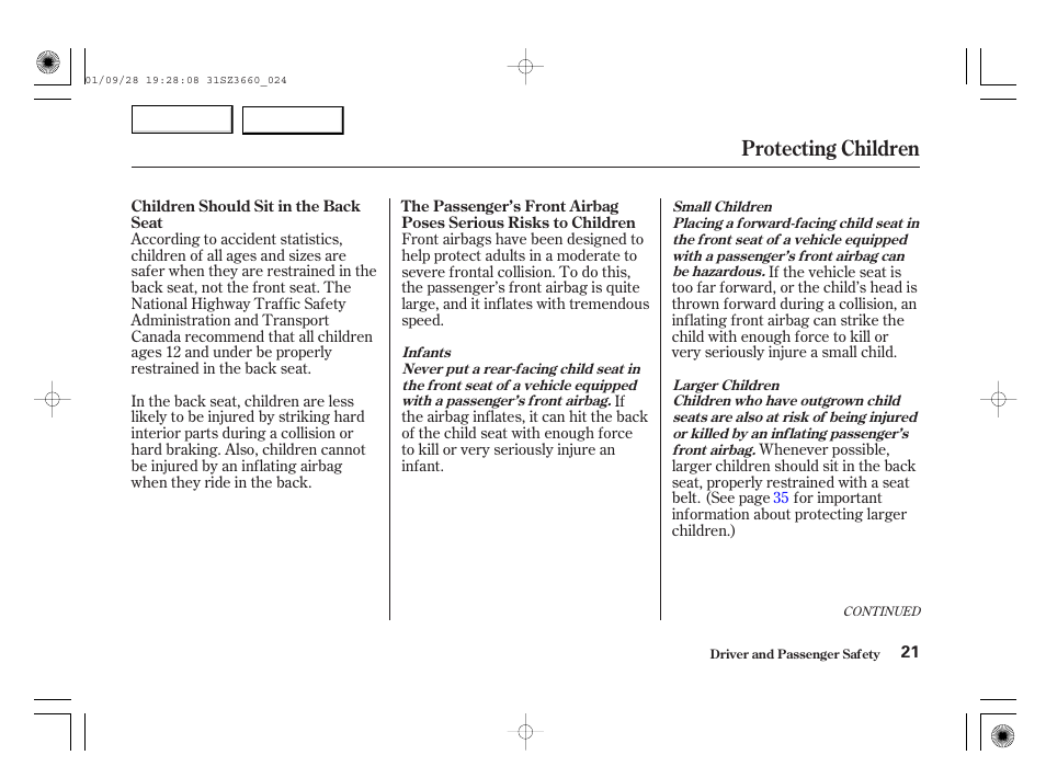 Protecting children | Acura 2002 RL - Owner's Manual User Manual | Page 24 / 343