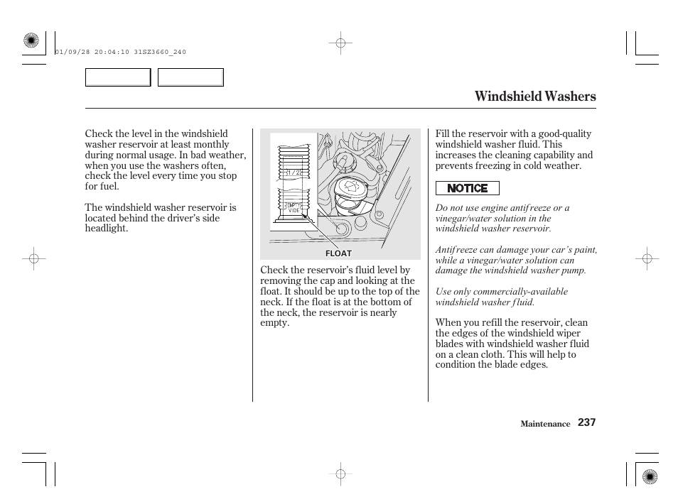 Windshield washers | Acura 2002 RL - Owner's Manual User Manual | Page 240 / 343