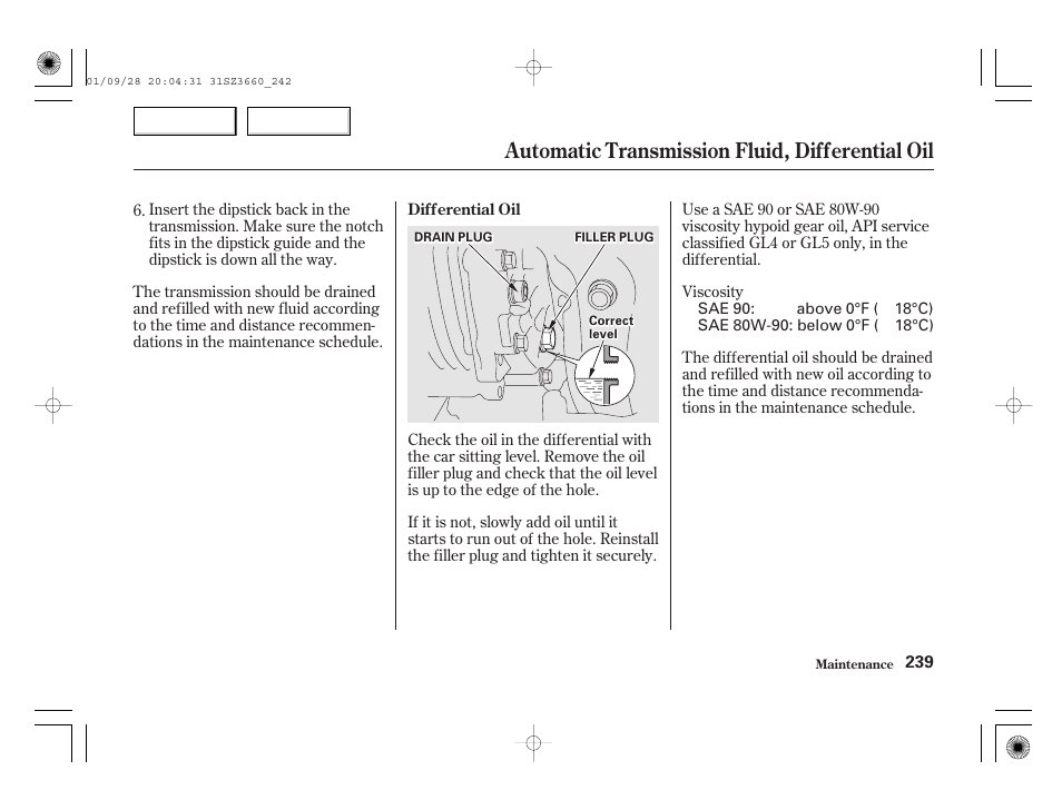 Automatic transmission fluid, differential oil | Acura 2002 RL - Owner's Manual User Manual | Page 242 / 343