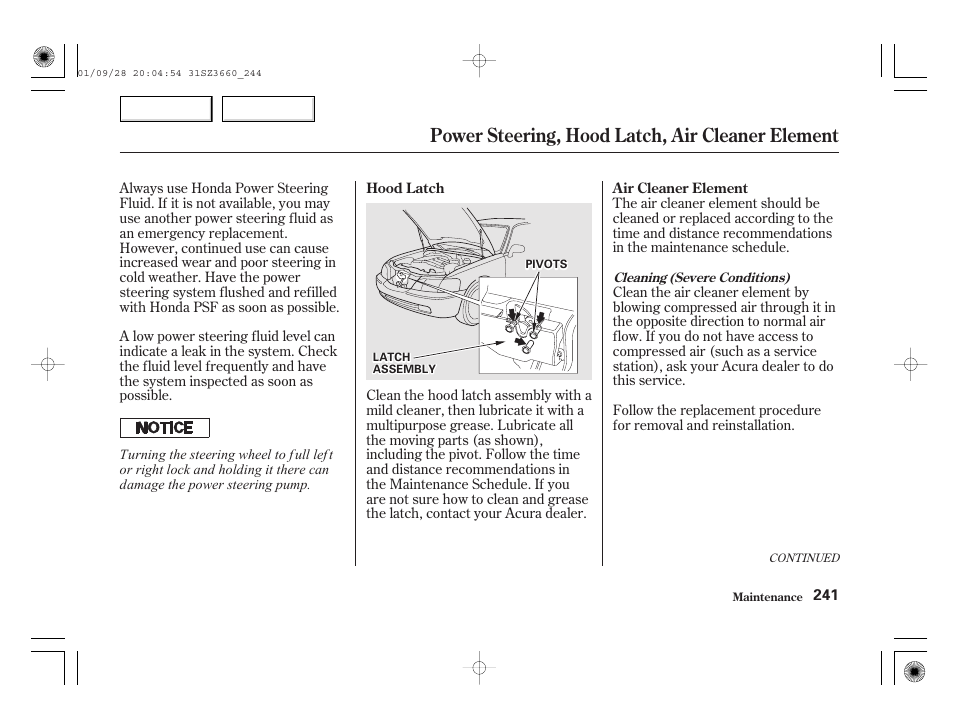 Power steering, hood latch, air cleaner element | Acura 2002 RL - Owner's Manual User Manual | Page 244 / 343