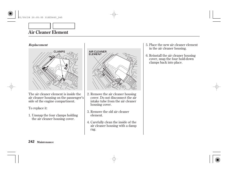 Air cleaner element | Acura 2002 RL - Owner's Manual User Manual | Page 245 / 343