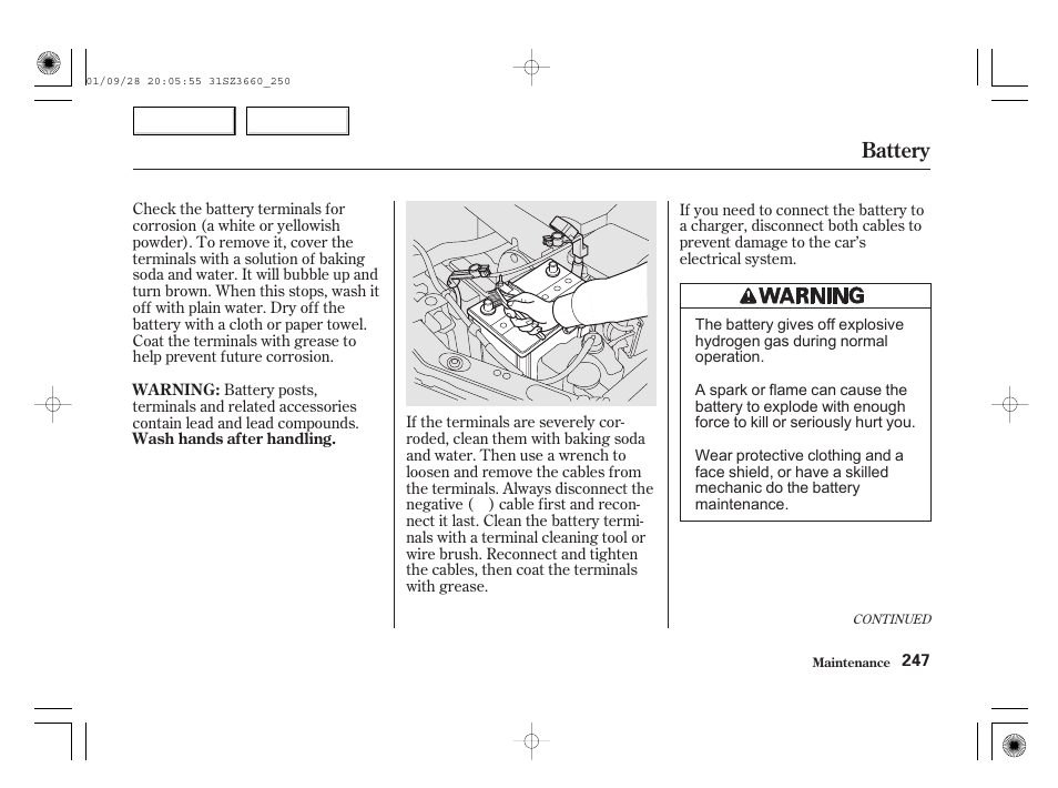 Battery | Acura 2002 RL - Owner's Manual User Manual | Page 250 / 343