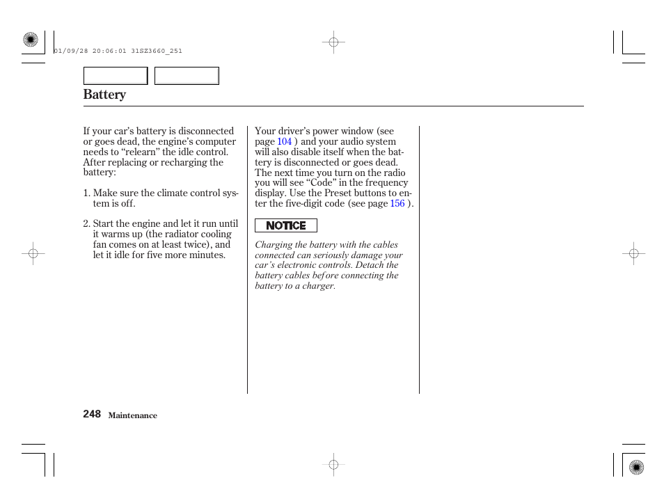 Battery | Acura 2002 RL - Owner's Manual User Manual | Page 251 / 343