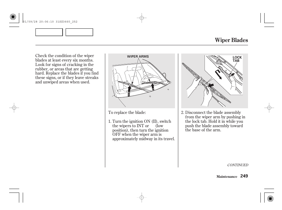 Wiper blades | Acura 2002 RL - Owner's Manual User Manual | Page 252 / 343